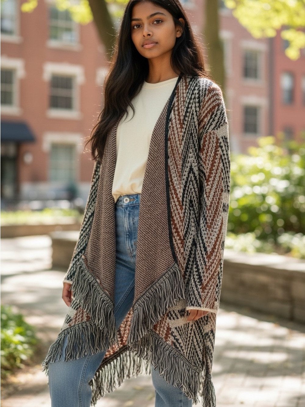 Knox Rose Cream, Brown & Black Fringed Geometric Open-Front Cardigan